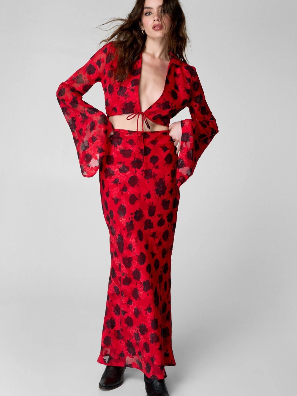 NWOT Nasty Gal Red Floral Print Top and Skirt